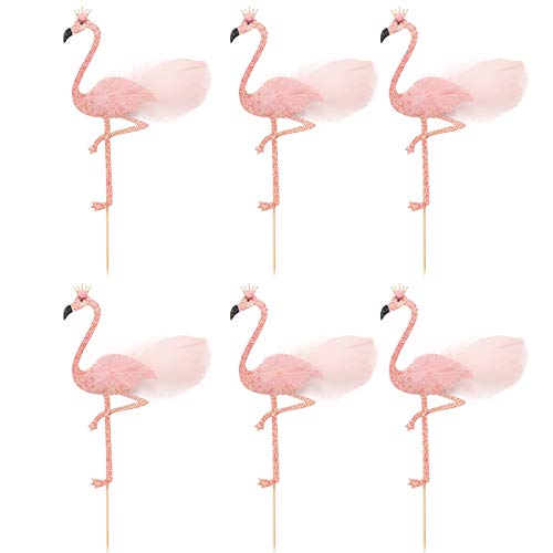LUOEM Topperitos de Pastel de Flamenco Rosado Decoración con Adorno de Pastel de Papel con Purpurina Rosa para la Fiesta en la Playa de Bodas de cumpleaños de Luau Hawaiano, Paquete de 6