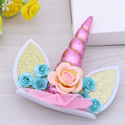 LUOEM Unicorn Cake Cake Topper con unicornio cuerno orejas y flores Cake Decorativo Cupcake Topper cumpleaños Baby Shower unicornio tema fiesta suministros (rosa)