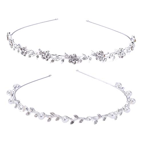 Lurrose 2pcs minimalista elegancia plata Rhinestones y perlas decoración hoja vid diadema para mujeres