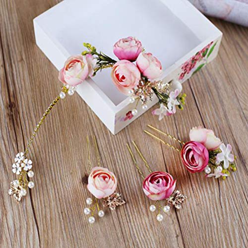 Lurrose 5 Unids En forma de U Rosa Flor de horquilla Comillas Laterales Francesas Pinzas para el cabello Accesorios de boda para la novia dama de honor (Rosa)