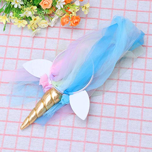 Lurrose Diadema de cuerno de unicornio con Velo y Flor Traje de disfraz de rendimiento de la etapa Banda de pelo para niños Niñas (Estilo A)