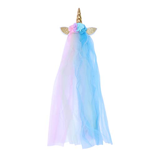 Lurrose Diadema de cuerno de unicornio con Velo y Flor Traje de disfraz de rendimiento de la etapa Banda de pelo para niños Niñas (Estilo A)