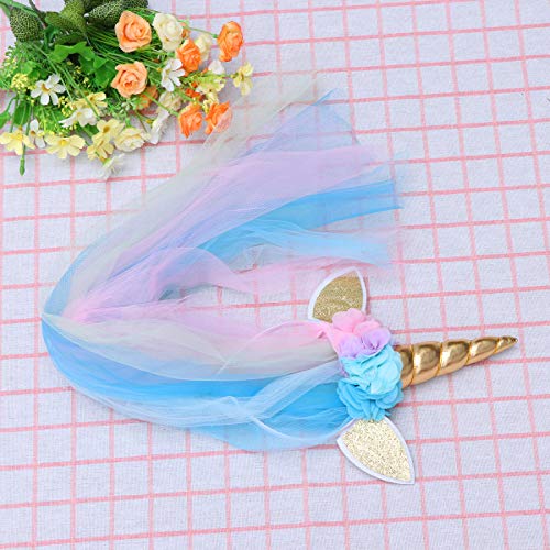 Lurrose Diadema de cuerno de unicornio con Velo y Flor Traje de disfraz de rendimiento de la etapa Banda de pelo para niños Niñas (Estilo A)