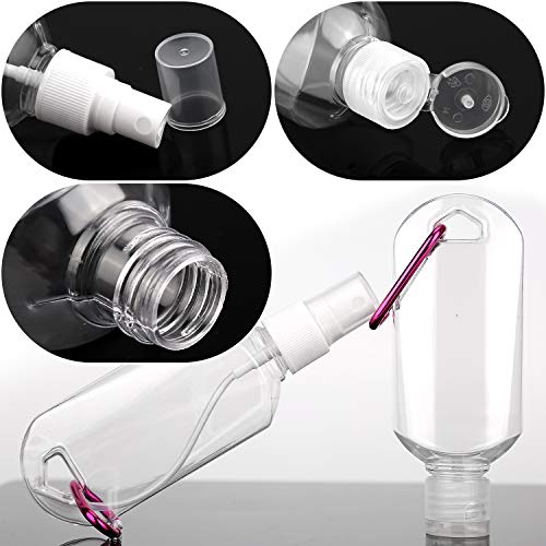 LUTER 6 Piezas 60ML Botellas de Plástico Transparente de Viaje de con Clips de Mosquetón - 3 Botellas Exprimibles, 3 Botellas de Aerosol, Envases de Líquido Vacíos Rellenables