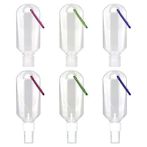 LUTER 6 Piezas 60ML Botellas de Plástico Transparente de Viaje de con Clips de Mosquetón - 3 Botellas Exprimibles, 3 Botellas de Aerosol, Envases de Líquido Vacíos Rellenables