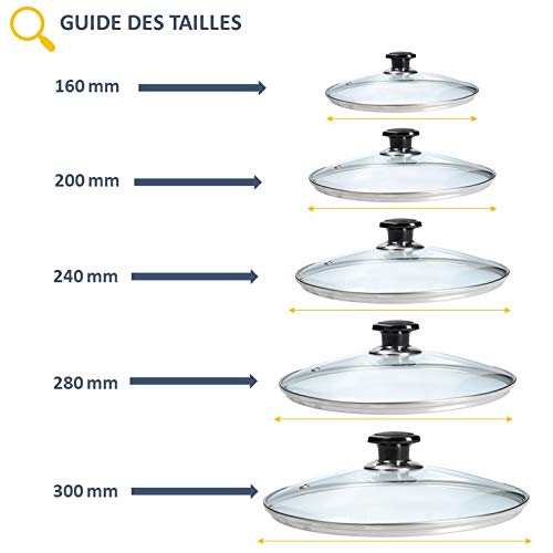 LUTH Premium Profi Parts - Tapa de Vidrio Universal 16cm con manija y Borde Protector de Acero Inoxidable para ollas, sartenes, caserolas.