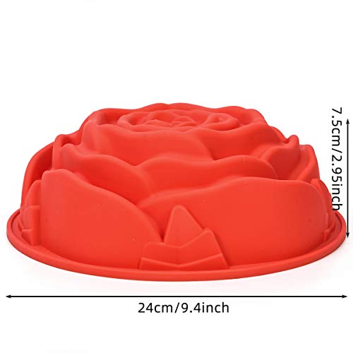 LUUFAN 9.4" Moldes Para Pan de Silicona Con Forma de Flor, Molde Para Hornear Grande con Forma de Rosa Para Pastel, Pan, Muffin, Tarta de Queso, Pastel(Rose-Red)
