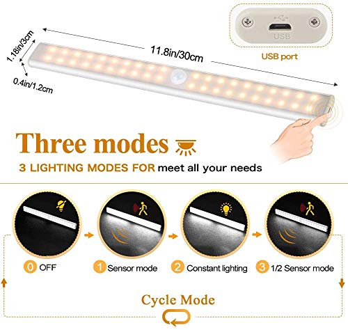 Luz Armario 40 LED, USB Recargable Luces LED Armario con Sensor Movimiento, 3 Modos Lámpara LED de Armario con Tira Magnética, para Armario, Cocina, Escalera, Pasillo y Emergencias(Luz blanca cálida)