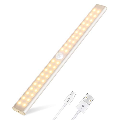 Luz Armario 40 LED, USB Recargable Luces LED Armario con Sensor Movimiento, 3 Modos Lámpara LED de Armario con Tira Magnética, para Armario, Cocina, Escalera, Pasillo y Emergencias(Luz blanca cálida)