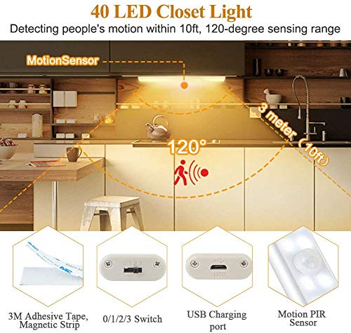 Luz Armario 40 LED, USB Recargable Luces LED Armario con Sensor Movimiento, 3 Modos Lámpara LED de Armario con Tira Magnética, para Armario, Cocina, Escalera, Pasillo y Emergencias(Luz blanca cálida)