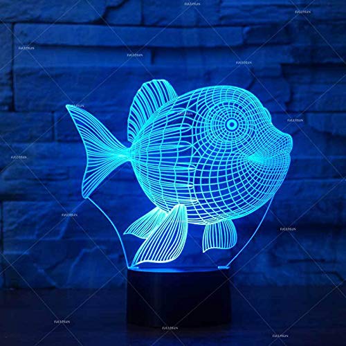 Luz de noche Luz de noche 3D Lámpara de ilusión Forma de pez LED USB Cambio de siete colores Luz de control remoto táctil