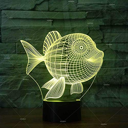 Luz de noche Luz de noche 3D Lámpara de ilusión Forma de pez LED USB Cambio de siete colores Luz de control remoto táctil