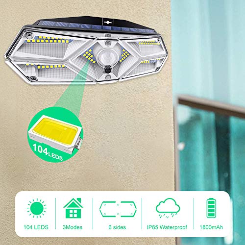 Luz Solar Exterior 104 LED, 【Super Brillante por 6 Lados】 270 °Iluminación Foco Solar con Sensor de Movimiento Impermeable Lámpara Solar 3 Inteligente Modos para Jardín 2-Paquete