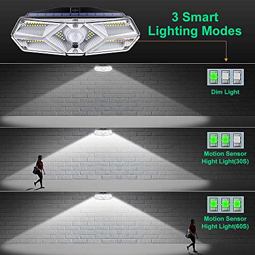 Luz Solar Exterior 104 LED, 【Super Brillante por 6 Lados】 270 °Iluminación Foco Solar con Sensor de Movimiento Impermeable Lámpara Solar 3 Inteligente Modos para Jardín 2-Paquete