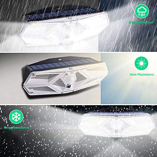 Luz Solar Exterior 104 LED, 【Super Brillante por 6 Lados】 270 °Iluminación Foco Solar con Sensor de Movimiento Impermeable Lámpara Solar 3 Inteligente Modos para Jardín 2-Paquete