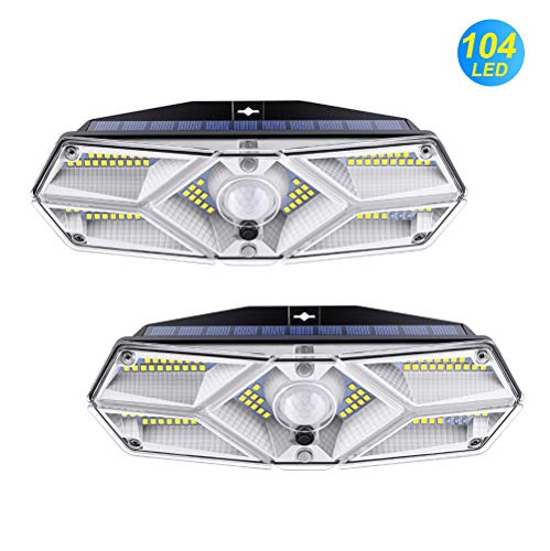 Luz Solar Exterior 104 LED, 【Super Brillante por 6 Lados】 270 °Iluminación Foco Solar con Sensor de Movimiento Impermeable Lámpara Solar 3 Inteligente Modos para Jardín 2-Paquete