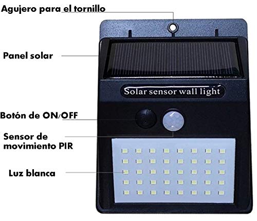 Luz solar exterior con sensor de movimiento y panel solar separado (separable), desmontable, independiente, foco led solar potente de jardín, lámpara solar de seguridad impermeable