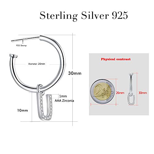 Lydreewam Pendientes aro Colgantes De Letra U Plata de Ley 925 con 3A circonia cúbica para Mujer, diámetro 20mm (una pieza, no un par)