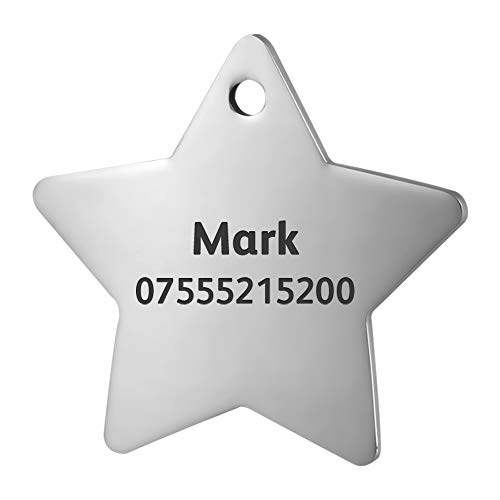 LYL Etiquetas de identificación de Mascotas de Acero Inoxidable Etiquetas de Perro Personalizadas Personalizadas Grabado Frontal/Posterior para Gato y Perro con Diferentes Formas (M, Estrella)