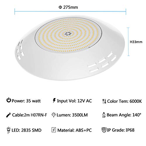 LyLmLe Foco LED Piscina Relleno de Resin,35W Lámpara Superficie extraplano (equivalente 300W halógena bombilla),3500lm, Ángulo de haz de 140 °,IP68 Impermeable, 12V AC/DC, 6000K