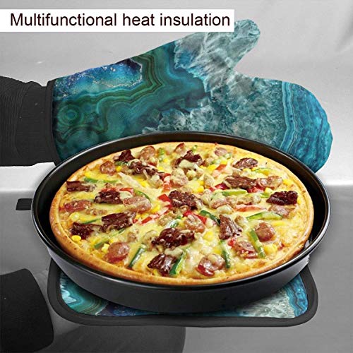 lymknumb Agua Turquesa ágata Piedra Mineral Gema Hermosa manopla para Horno y Soporte para ollas Juego Resistente al Calor y Lavable para cocinar, Hornear, Parrilla