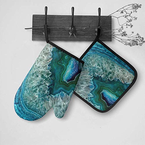 lymknumb Agua Turquesa ágata Piedra Mineral Gema Hermosa manopla para Horno y Soporte para ollas Juego Resistente al Calor y Lavable para cocinar, Hornear, Parrilla
