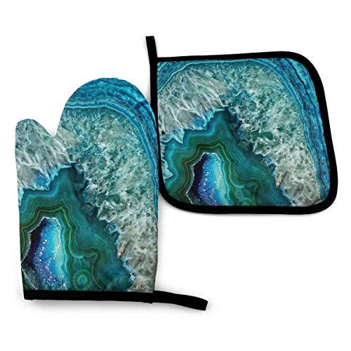 lymknumb Agua Turquesa ágata Piedra Mineral Gema Hermosa manopla para Horno y Soporte para ollas Juego Resistente al Calor y Lavable para cocinar, Hornear, Parrilla