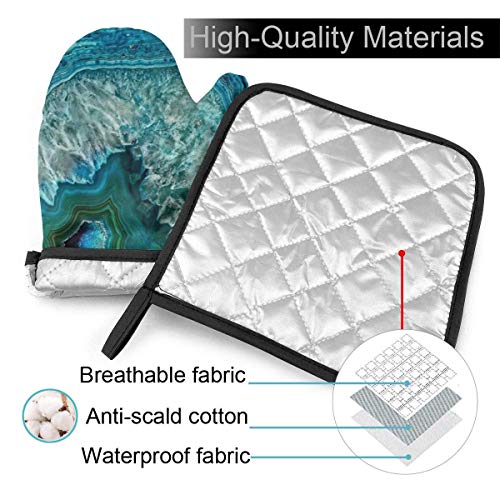 lymknumb Agua Turquesa ágata Piedra Mineral Gema Hermosa manopla para Horno y Soporte para ollas Juego Resistente al Calor y Lavable para cocinar, Hornear, Parrilla