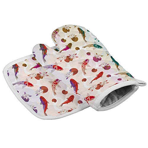 lymknumb Juegos de Soportes para ollas Guantes japoneses de Aislamiento de Peces Koi Bonitos para cocinar, Hornear, Asar, Barbacoa, Cocina, Manoplas para Horno, agarradera Antideslizante