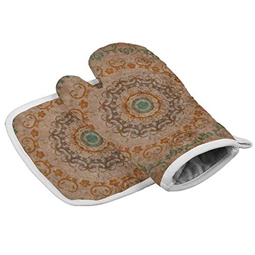 lymknumb Juegos de Soportes para ollas Vintage Art Grunge Nation Damasco Floral en salmón Oscuro Mitones para Horno Guantes aislantes y Soporte para ollas Juego de Guantes Resistentes al Calor