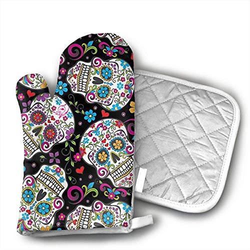 lymknumb Manoplas para Horno, Manoplas para Horno con Calavera de azúcar y Flores, Manoplas y Manoplas para Horno para cocinar, Hornear, Asar