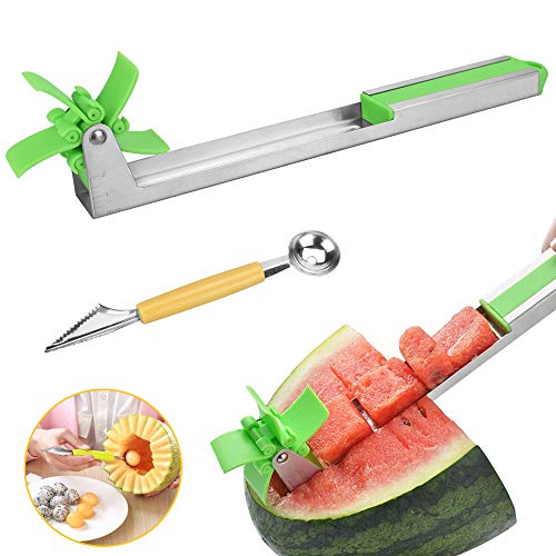LYTIVAGEN Cortador de Sandía Acero Inoxidable Cortador de Molino de Viento con 2 en 1 Cuchara de Melon Cortador de Melón Cortador de Frutas para Cortar Sandía Melón