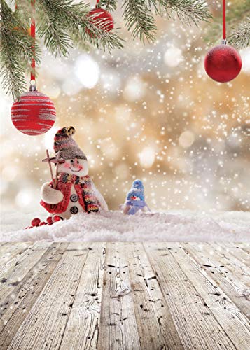 LYWYGG 6x9FT Fondo de Feliz Navidad Muñeco de Nieve de Navidad Piso de Madera Fondo de Foto Fondo de Copo de Nieve Blanco Decoración de Navidad Fondo de Fotografía de Invierno CP-79-1010