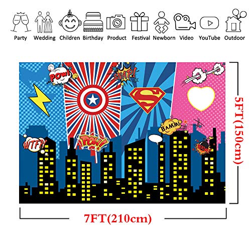 LYWYGG 7x5FT Máscara Superhero Birthday Photo Telón de Fondo Paisaje Urbano Fondos de Dibujos Animados Superhero Party Supplies Decoraciones Superhéroes Decoraciones de Pared Para Niños o Niñas CP-233