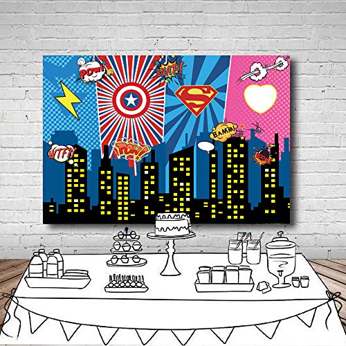 LYWYGG 7x5FT Máscara Superhero Birthday Photo Telón de Fondo Paisaje Urbano Fondos de Dibujos Animados Superhero Party Supplies Decoraciones Superhéroes Decoraciones de Pared Para Niños o Niñas CP-233