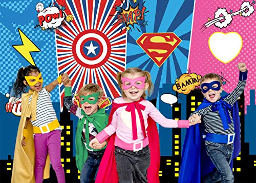 LYWYGG 7x5FT Máscara Superhero Birthday Photo Telón de Fondo Paisaje Urbano Fondos de Dibujos Animados Superhero Party Supplies Decoraciones Superhéroes Decoraciones de Pared Para Niños o Niñas CP-233
