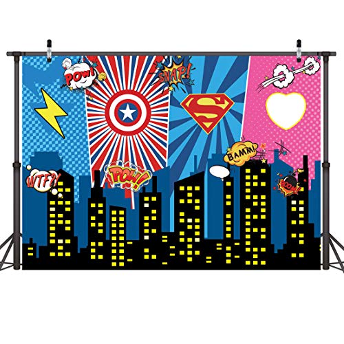 LYWYGG 7x5FT Máscara Superhero Birthday Photo Telón de Fondo Paisaje Urbano Fondos de Dibujos Animados Superhero Party Supplies Decoraciones Superhéroes Decoraciones de Pared Para Niños o Niñas CP-233