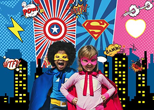 LYWYGG 7x5FT Máscara Superhero Birthday Photo Telón de Fondo Paisaje Urbano Fondos de Dibujos Animados Superhero Party Supplies Decoraciones Superhéroes Decoraciones de Pared Para Niños o Niñas CP-233