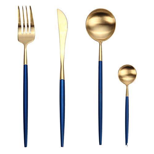 LZHTC Cuchillo Y Tenedor Cuchillo De Filete De Acero Inoxidable Europeo Azul Dorado Y Cuchara De Tenedor Juego Completo De Vajilla Occidental De Alta Gama para El Hogar