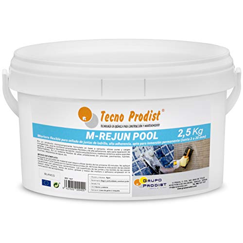 M-REJUN POOL de Tecno Prodist - (2,5 kg) Mortero flexible para sellado de juntas de baldosas y gresite en piscinas, ceramica, ladrillo, etc, para inmersión permanente (Junta 2 a 20 mm) Color Blanco