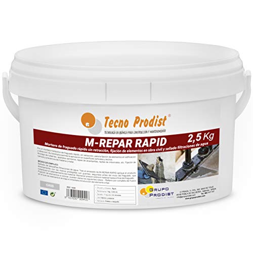 M-REPAR RAPID de Tecno Prodist - (2,5 kg) Mortero de fraguado rápido sin retracción, fijación de elementos en obra civil y sellado de filtraciones de agua. Color Gris