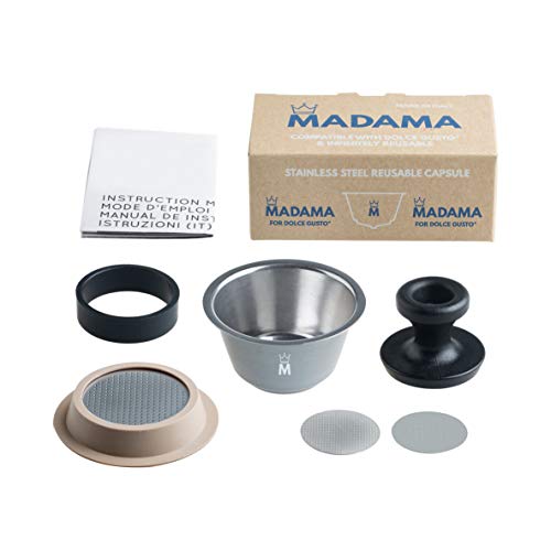 Madama - Cápsula de café Dolce Gusto recargable, reutilizable y compatible. Acero inoxidable y silicona apta para alimentos. 100 % fabricado en Italia. Paquete de una cápsula
