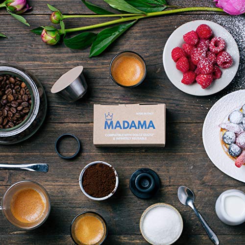 Madama - Cápsula de café Dolce Gusto recargable, reutilizable y compatible. Acero inoxidable y silicona apta para alimentos. 100 % fabricado en Italia. Paquete de una cápsula