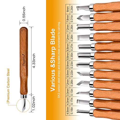 Magicfly Set de Herramientas para Tallar Madera, herramientas de tallado en madera para Escultura, Herramientas de Talla en Madera, 12 Formones, 6 Trozos de Madera, Bolsa de Almacenamiento