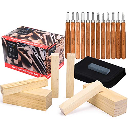 Magicfly Set de Herramientas para Tallar Madera, herramientas de tallado en madera para Escultura, Herramientas de Talla en Madera, 12 Formones, 6 Trozos de Madera, Bolsa de Almacenamiento