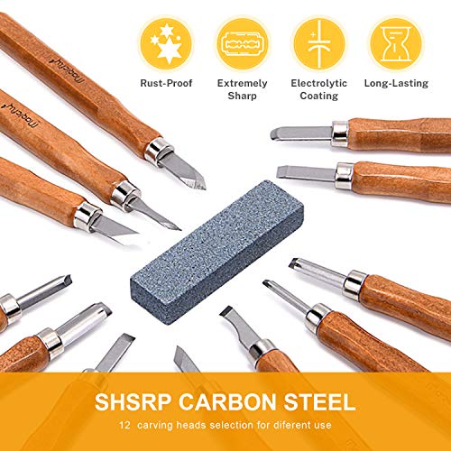 Magicfly Set de Herramientas para Tallar Madera, herramientas de tallado en madera para Escultura, Herramientas de Talla en Madera, 12 Formones, 6 Trozos de Madera, Bolsa de Almacenamiento