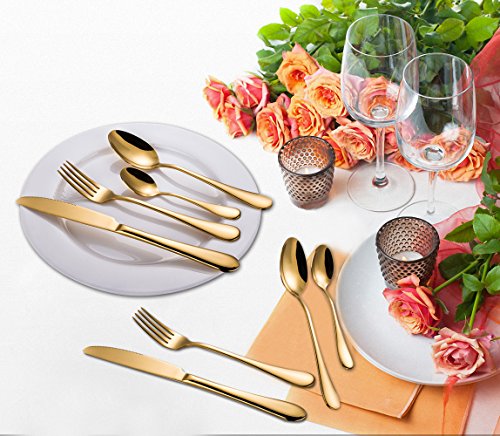 Magicpro Modern Royal - Cubertería de 45 piezas de acero inoxidable dorado para bodas, festivales, fiestas de Navidad, servicio For8
