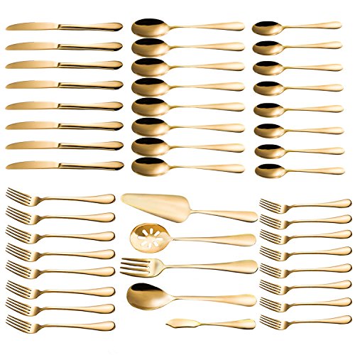 Magicpro Modern Royal - Cubertería de 45 piezas de acero inoxidable dorado para bodas, festivales, fiestas de Navidad, servicio For8
