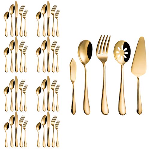 Magicpro Modern Royal - Cubertería de 45 piezas de acero inoxidable dorado para bodas, festivales, fiestas de Navidad, servicio For8