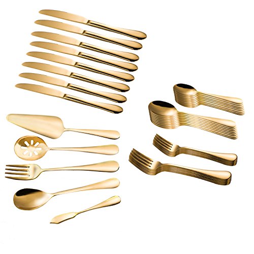 Magicpro Modern Royal - Cubertería de 45 piezas de acero inoxidable dorado para bodas, festivales, fiestas de Navidad, servicio For8